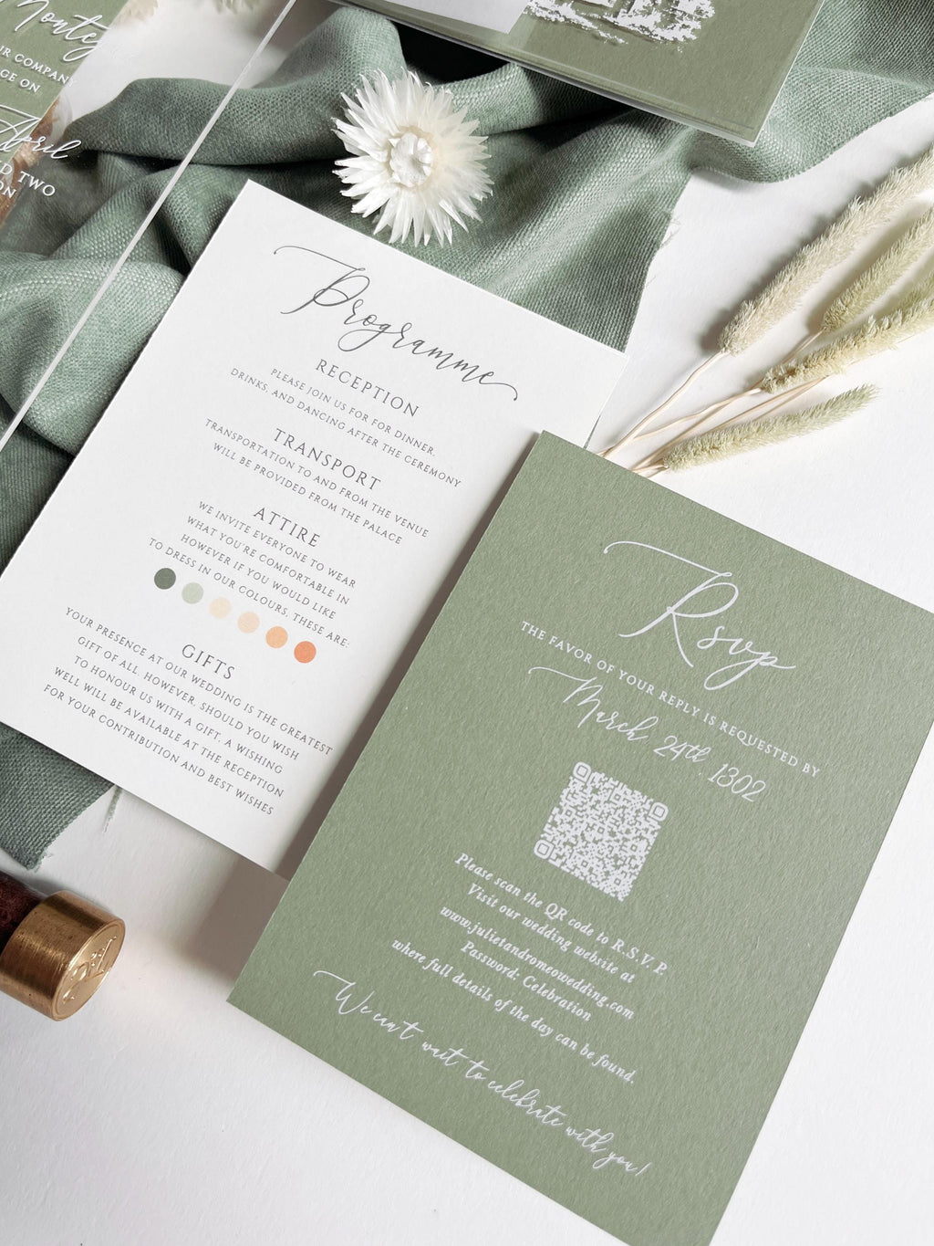 Clear Acrylic Wedding Invitation Suite, Sage Green Wedding Invites, Vellum Wrap with Wax Seal, Botanical Greenery - Venue Joannitów Castle