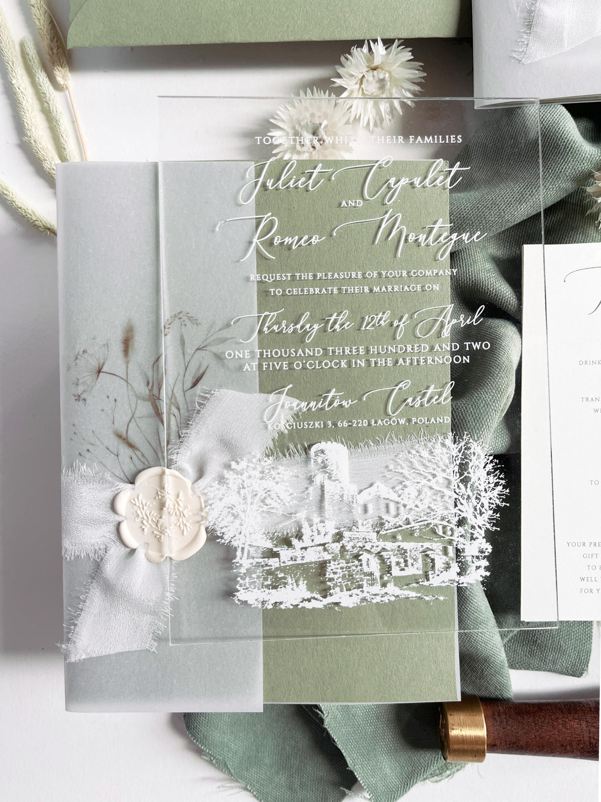 Clear Acrylic Wedding Invitation Suite, Sage Green Wedding Invites, Vellum Wrap with Wax Seal, Botanical Greenery - Venue Joannitów Castle