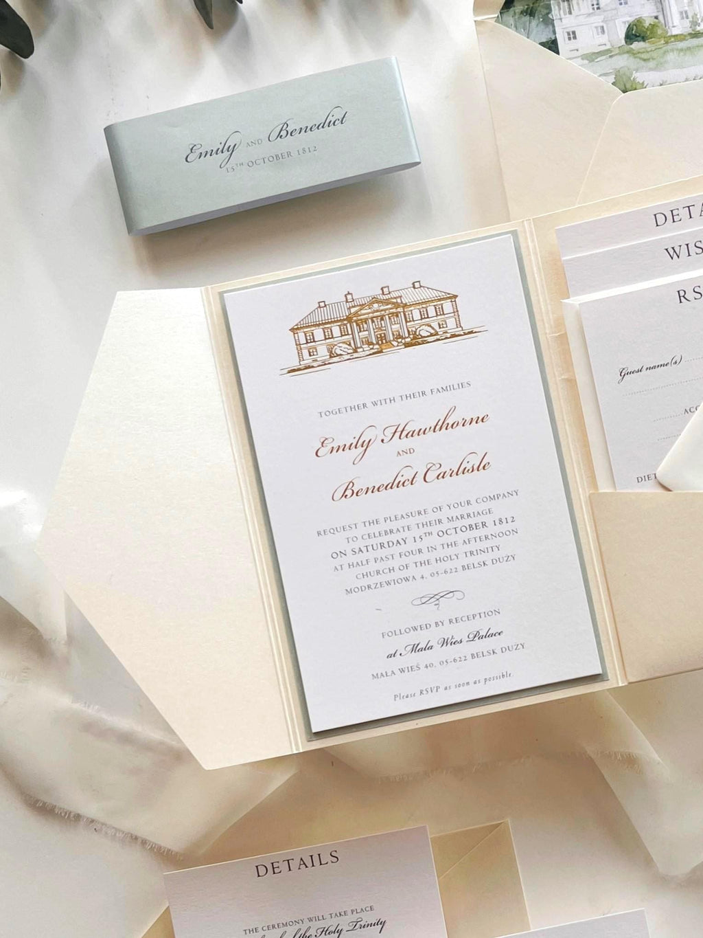 Wedding Venue Invitation Suite with Classic Tri-Fold Pocket - Gold Foil Details, Watercolour Lined Envelope