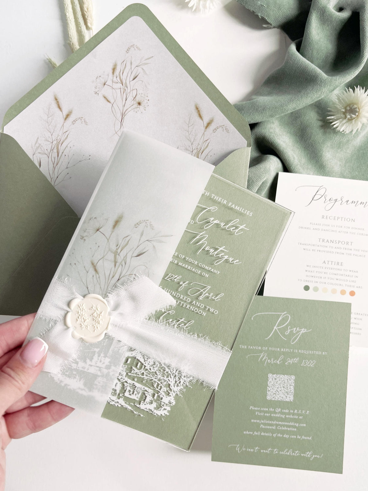 Clear Acrylic Wedding Invitation Suite, Sage Green Wedding Invites, Vellum Wrap with Wax Seal, Botanical Greenery - Venue Joannitów Castle