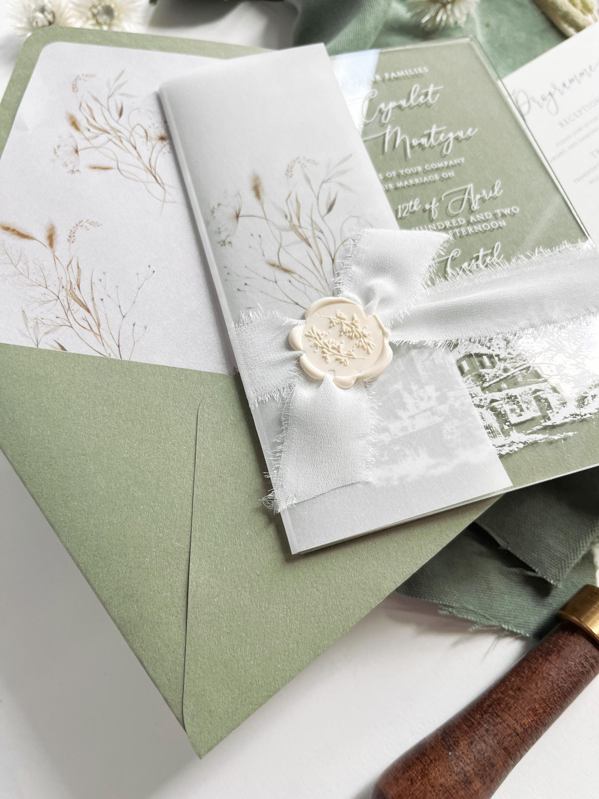 Clear Acrylic Wedding Invitation Suite, Sage Green Wedding Invites, Vellum Wrap with Wax Seal, Botanical Greenery - Venue Joannitów Castle