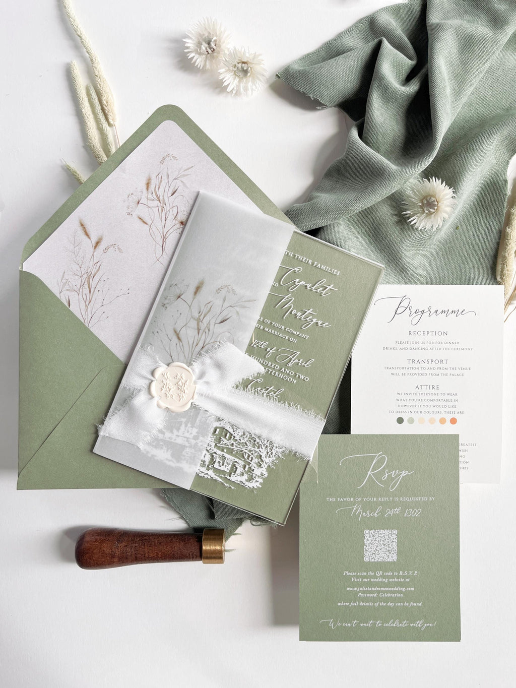 Clear Acrylic Wedding Invitation Suite, Sage Green Wedding Invites, Vellum Wrap with Wax Seal, Botanical Greenery - Venue Joannitów Castle