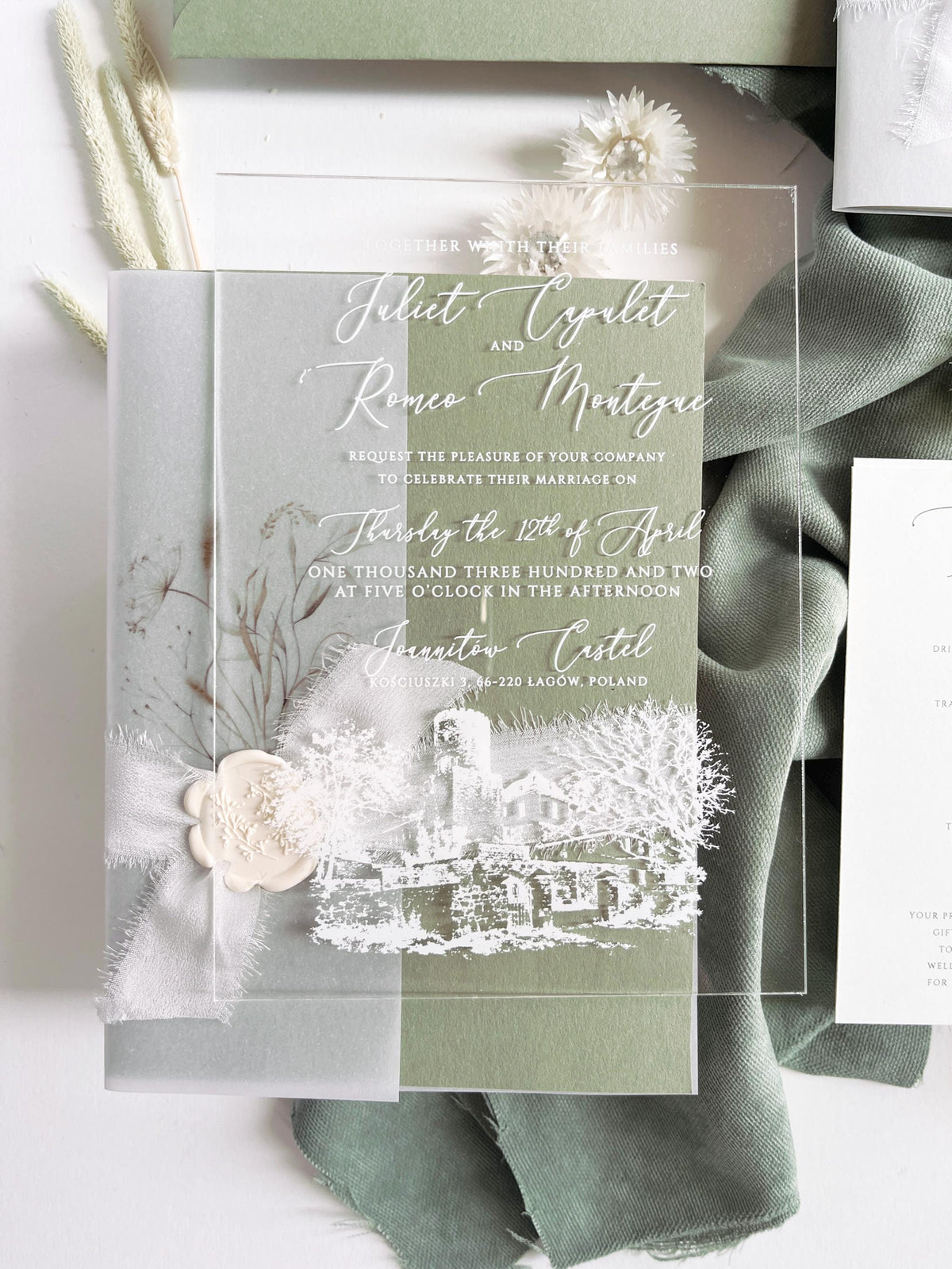 Clear Acrylic Wedding Invitation Suite, Sage Green Wedding Invites, Vellum Wrap with Wax Seal, Botanical Greenery - Venue Joannitów Castle