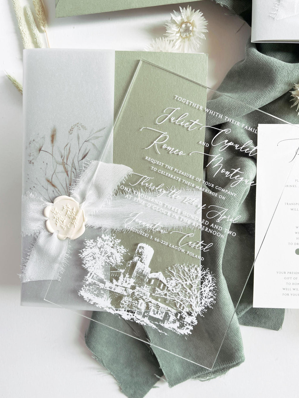 Clear Acrylic Wedding Invitation Suite, Sage Green Wedding Invites, Vellum Wrap with Wax Seal, Botanical Greenery - Venue Joannitów Castle