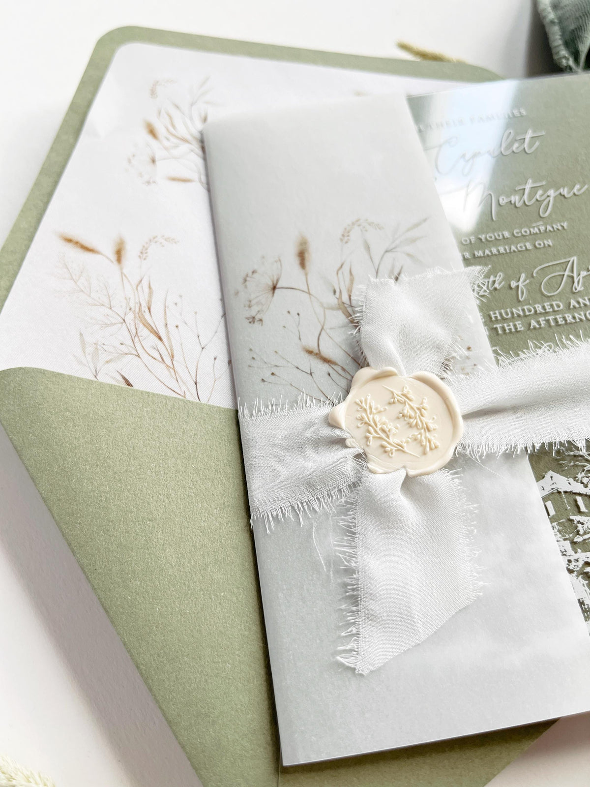Clear Acrylic Wedding Invitation Suite, Sage Green Wedding Invites, Vellum Wrap with Wax Seal, Botanical Greenery - Venue Joannitów Castle