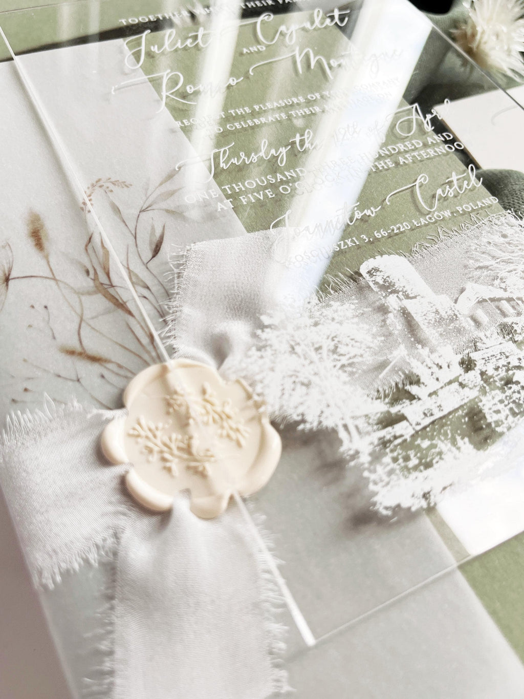 Clear Acrylic Wedding Invitation Suite, Sage Green Wedding Invites, Vellum Wrap with Wax Seal, Botanical Greenery - Venue Joannitów Castle