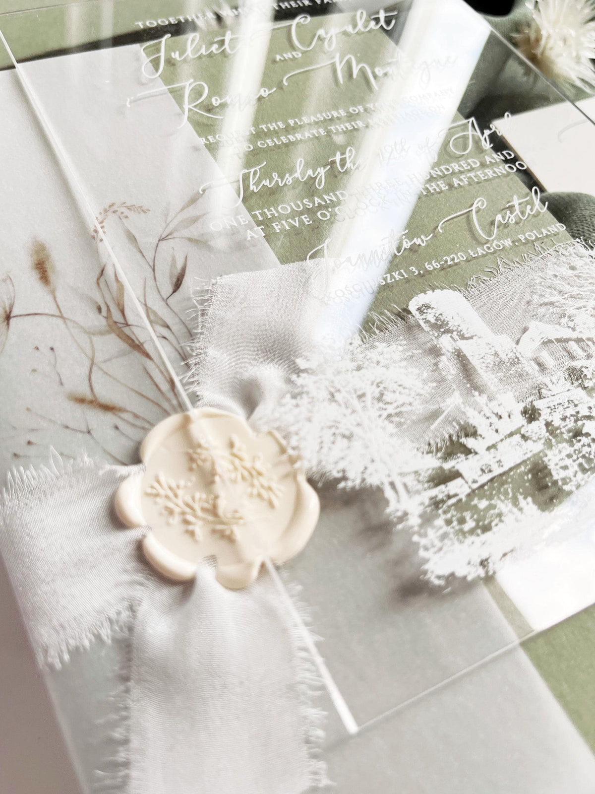 Clear Acrylic Wedding Invitation Suite, Sage Green Wedding Invites, Vellum Wrap with Wax Seal, Botanical Greenery - Venue Joannitów Castle