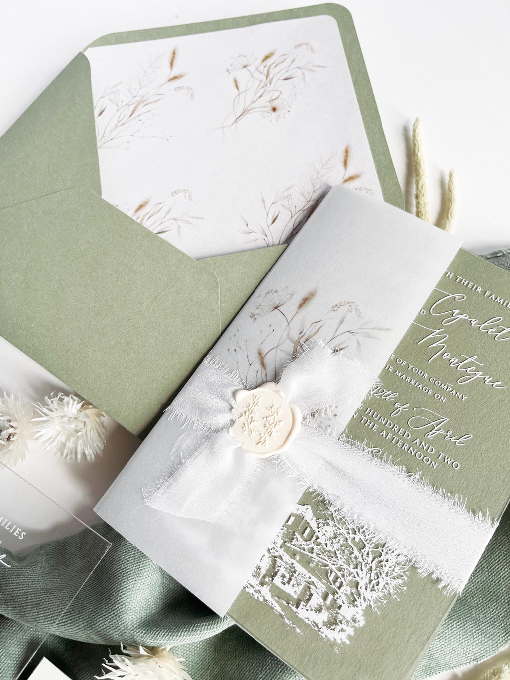 Clear Acrylic Wedding Invitation Suite, Sage Green Wedding Invites, Vellum Wrap with Wax Seal, Botanical Greenery - Venue Joannitów Castle