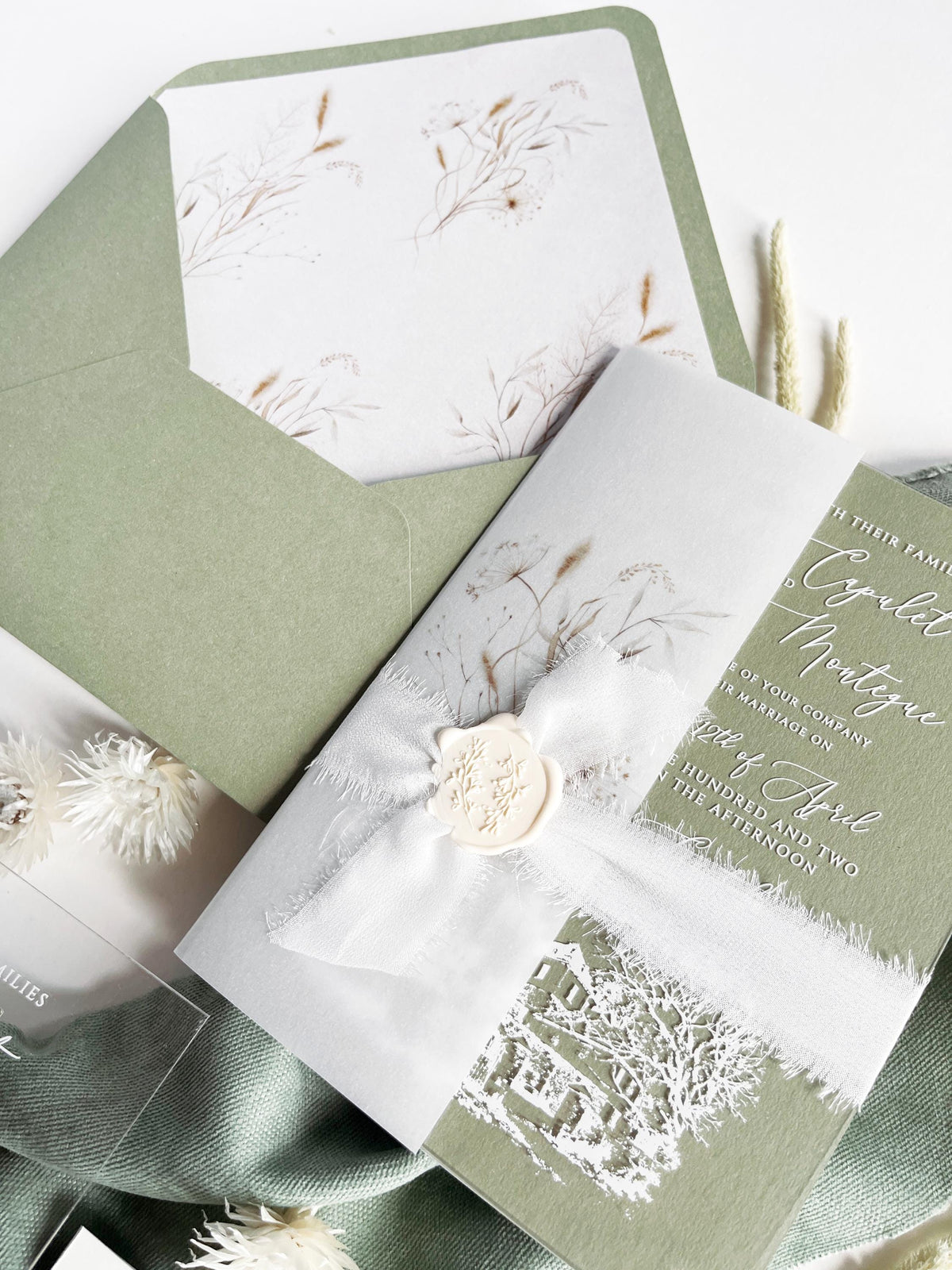 Clear Acrylic Wedding Invitation Suite, Sage Green Wedding Invites, Vellum Wrap with Wax Seal, Botanical Greenery - Venue Joannitów Castle