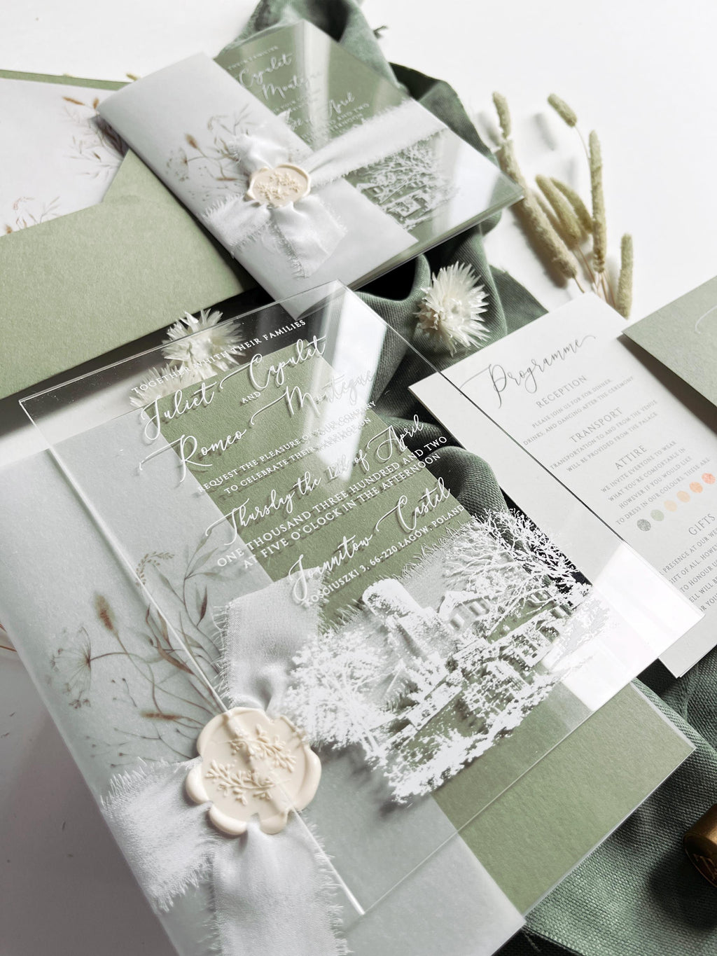Clear Acrylic Wedding Invitation Suite, Sage Green Wedding Invites, Vellum Wrap with Wax Seal, Botanical Greenery - Venue Joannitów Castle