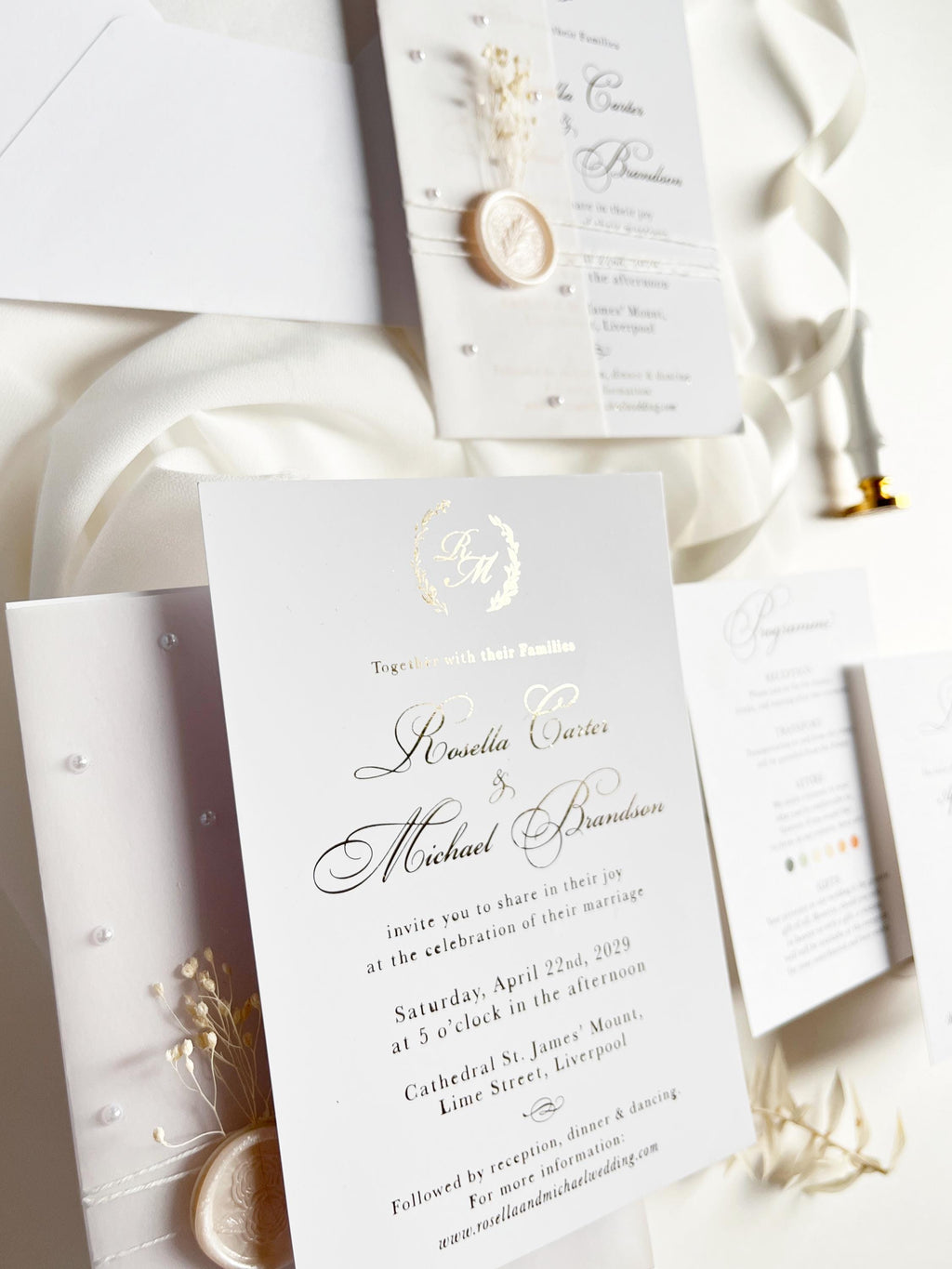 Gold Foil Wedding Invitation Suite with Pearl Embellishments, Wax Seal & Dried Flowers