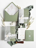 Clear Acrylic Wedding Invitation Suite, Sage Green Wedding Invites, Vellum Wrap with Wax Seal, Botanical Greenery - Venue Joannitów Castle