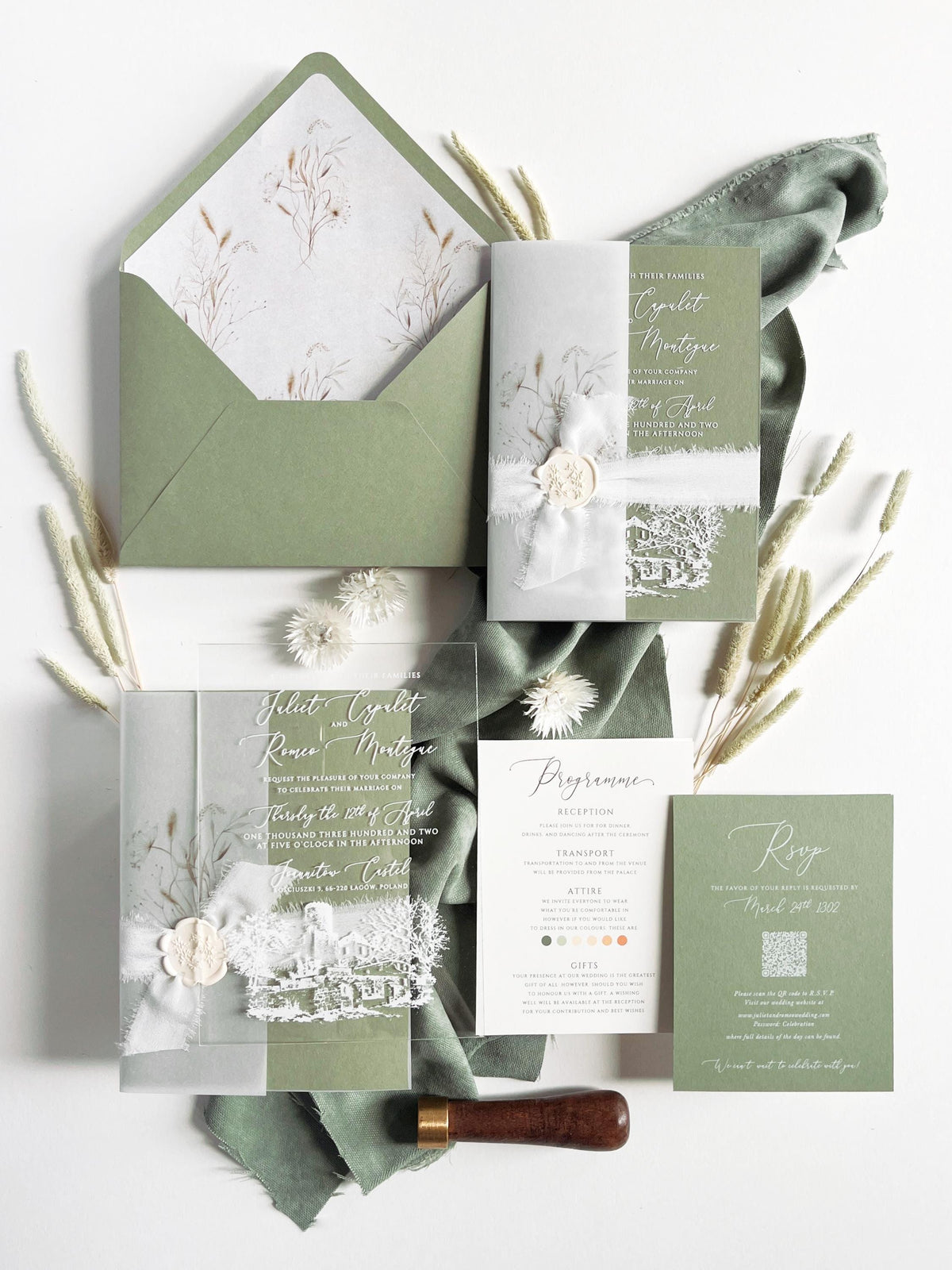Clear Acrylic Wedding Invitation Suite, Sage Green Wedding Invites, Vellum Wrap with Wax Seal, Botanical Greenery - Venue Joannitów Castle