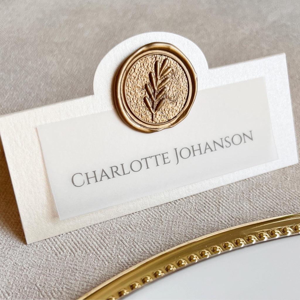 Wedding Place Cards with Wax Seal, Personalised Escort Cards, Botanical Leaf Name Cards, Custom Monogram Seating Cards