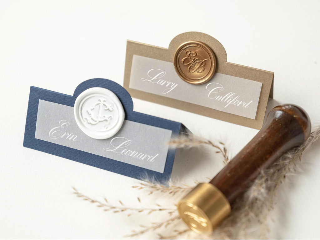 Wedding Place Cards with Wax Seal, Personalised Escort Cards, Botanical Leaf Name Cards, Custom Monogram Seating Cards