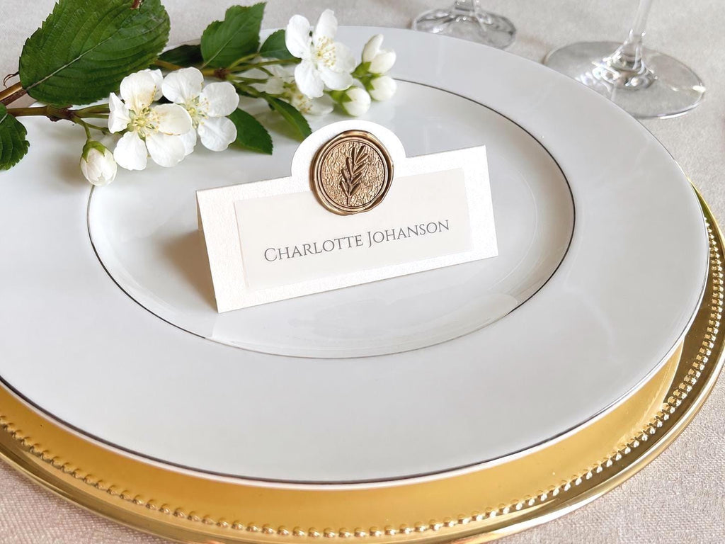 Wedding Place Cards with Wax Seal, Personalised Escort Cards, Botanical Leaf Name Cards, Custom Monogram Seating Cards