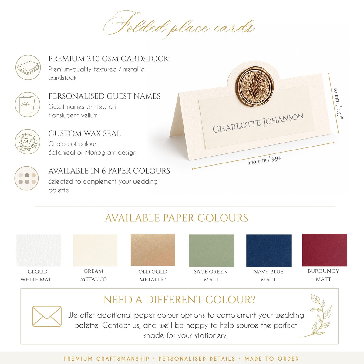 Wedding Place Cards with Wax Seal, Personalised Escort Cards, Botanical Leaf Name Cards, Custom Monogram Seating Cards