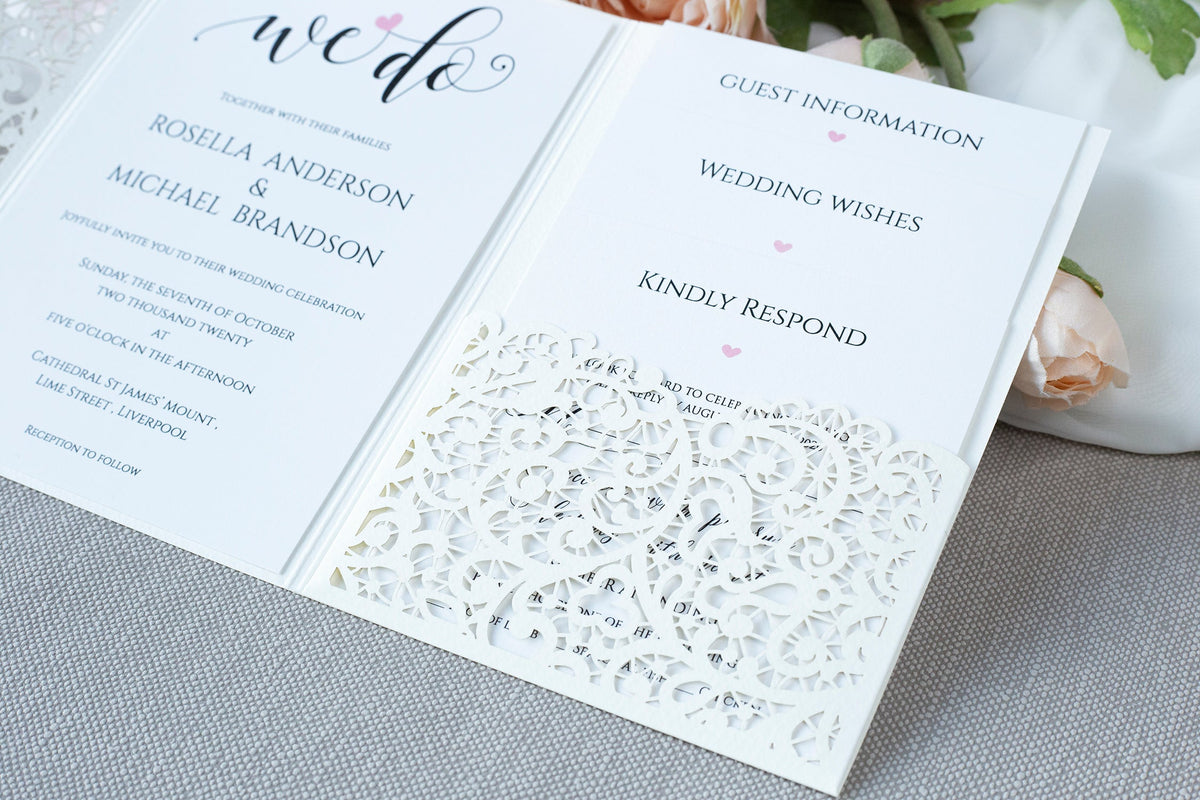 White Pocketfold Lace Floral Wedding Invitations
