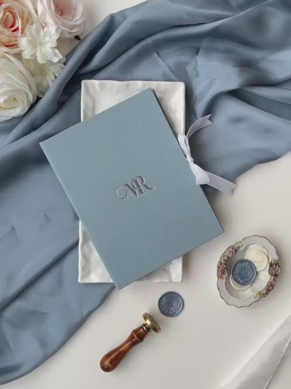 Linen Matted Folio - Dusty Blue, Foil Stamped with Monogram, Wedding Photo Folio, Keepsake