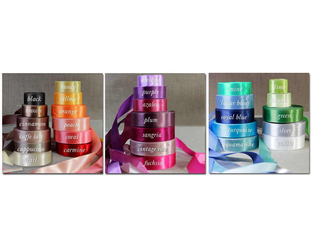 Three panels display stacks of colorful ribbon spools with matching loose ribbons spread out. The ribbons include black, copper, yellow, orange, pink, purple, blue, green, and silver colors, each labeled with its name on the spool.