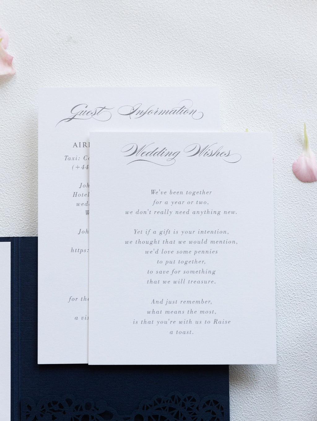 Navy Blue Pocketfold Lace Floral Wedding Invitations
