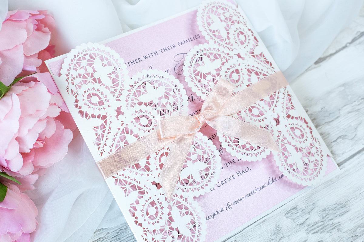 Square Gatefold White Lace Wedding Invitations with Rose Insert