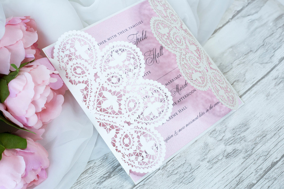 Square Gatefold White Lace Wedding Invitations with Rose Insert