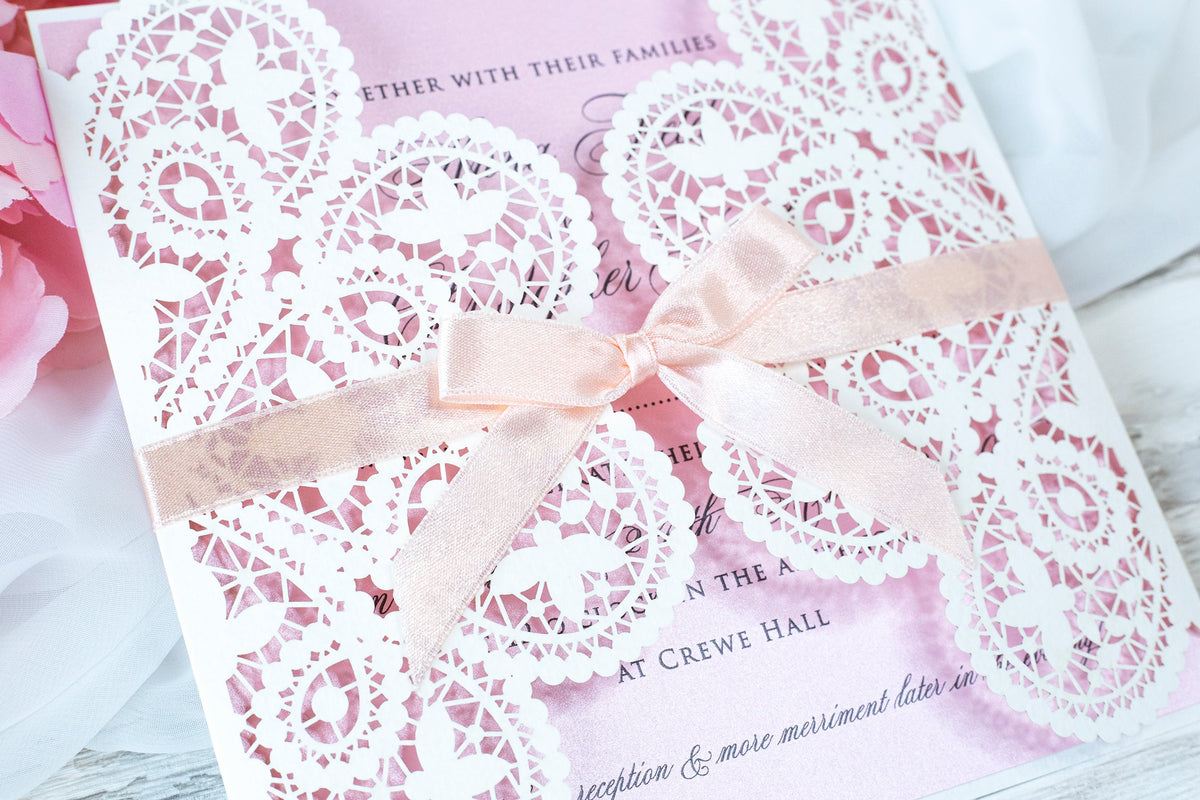 Square Gatefold White Lace Wedding Invitations with Rose Insert