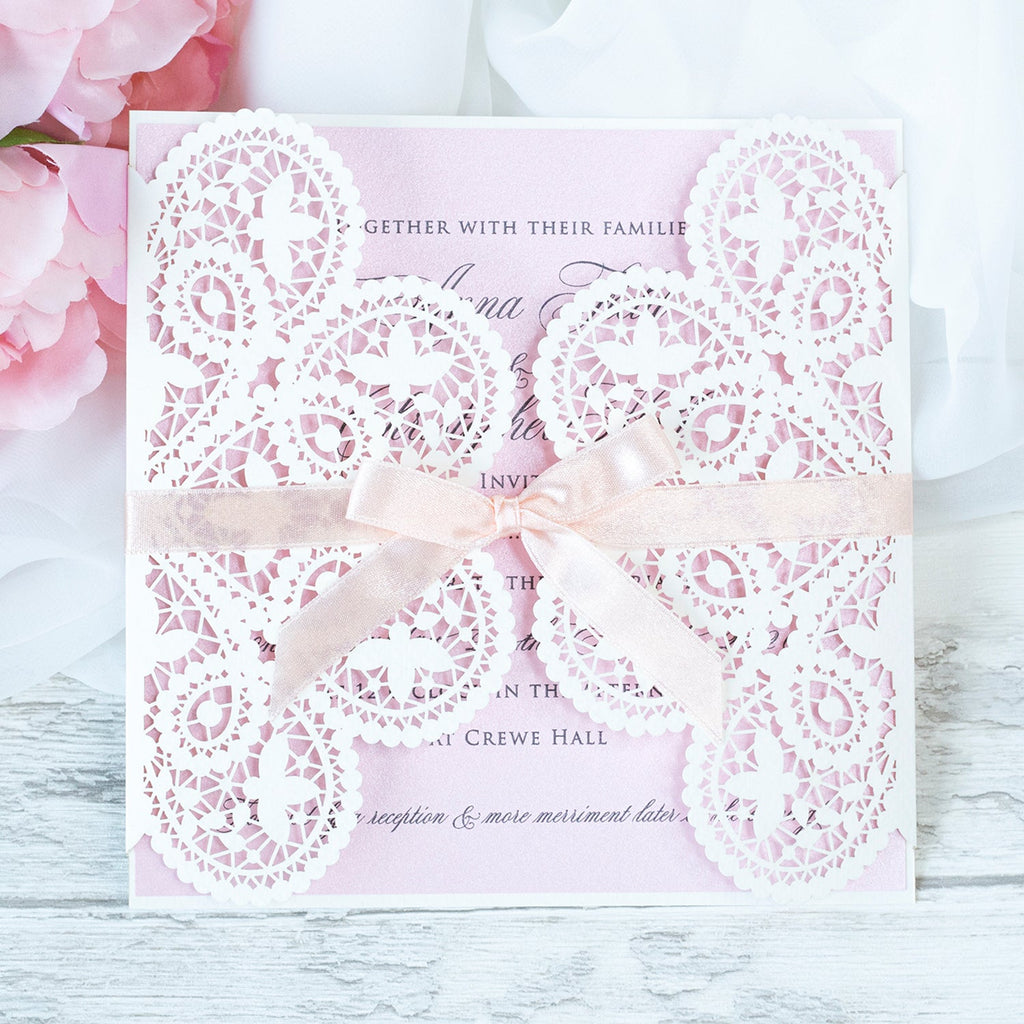 Square Gatefold White Lace Wedding Invitations with Rose Insert