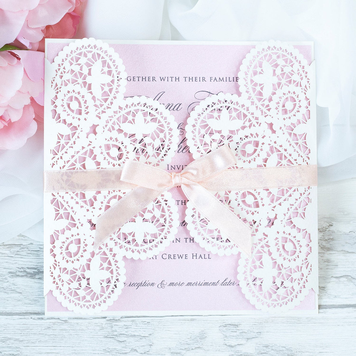Square Gatefold White Lace Wedding Invitations with Rose Insert
