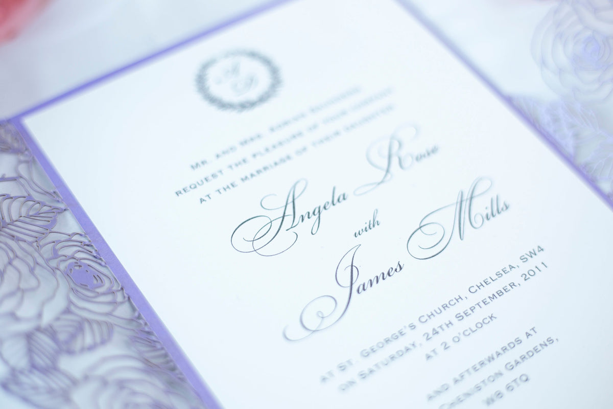 Elegant Personalised Lilac Laser Cut Wedding Invitation with Roses  - Envelope and Invitation Monogram - Full printout