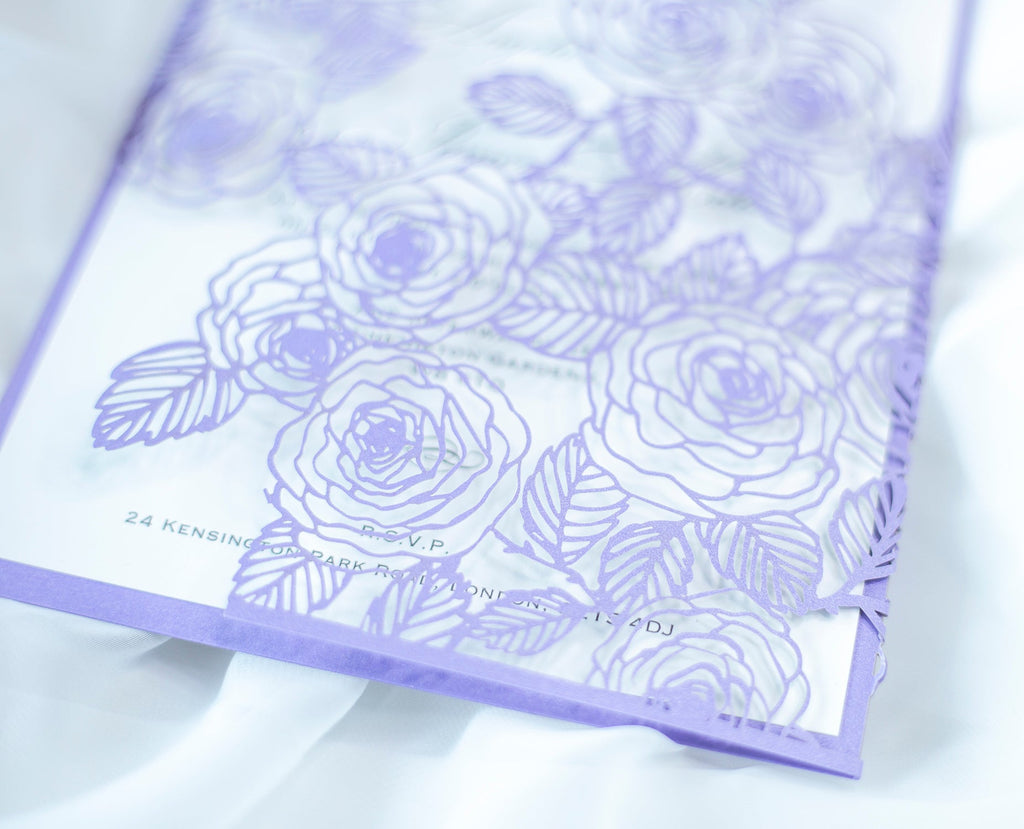 Elegant Personalised Lilac Laser Cut Wedding Invitation with Roses  - Envelope and Invitation Monogram - Full printout