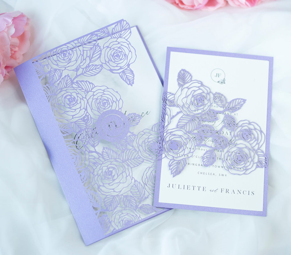 Elegant Personalised Lilac Laser Cut Wedding Invitation with Roses  - Envelope and Invitation Monogram - Full printout