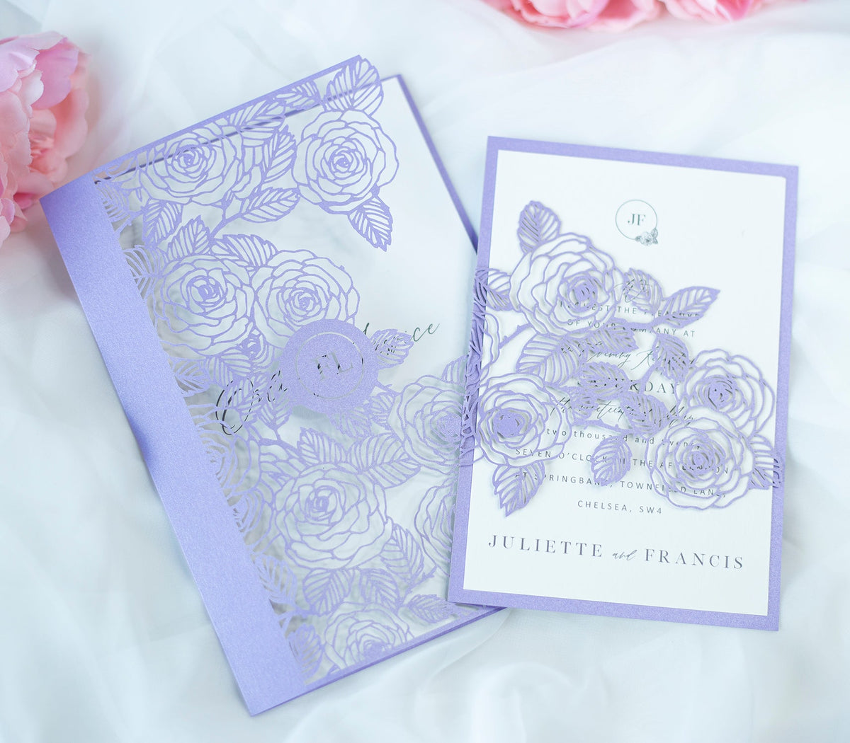 Elegant Personalised Lilac Laser Cut Wedding Invitation with Roses  - Envelope and Invitation Monogram - Full printout
