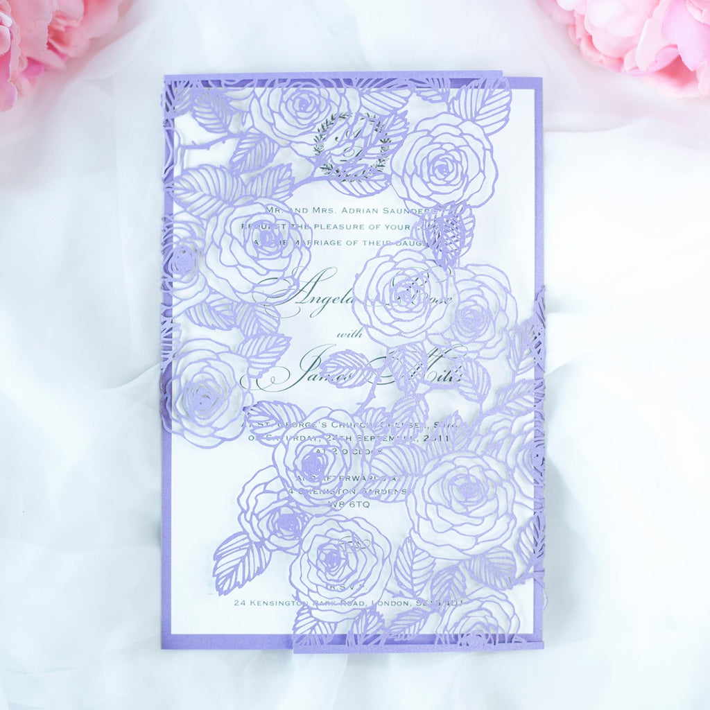 Elegant Personalised Lilac Laser Cut Wedding Invitation with Roses  - Envelope and Invitation Monogram - Full printout