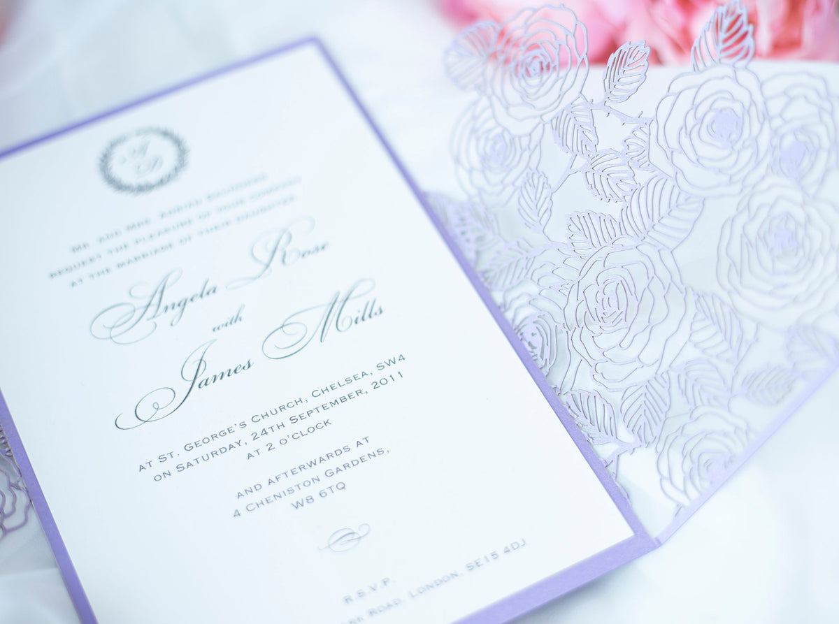 Elegant Personalised Lilac Laser Cut Wedding Invitation with Roses  - Envelope and Invitation Monogram - Full printout