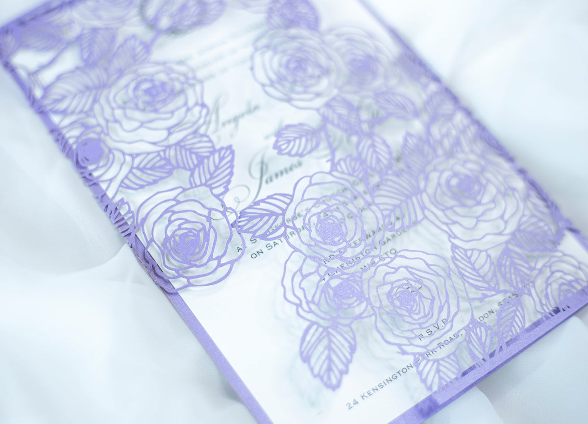 Elegant Personalised Lilac Laser Cut Wedding Invitation with Roses  - Envelope and Invitation Monogram - Full printout