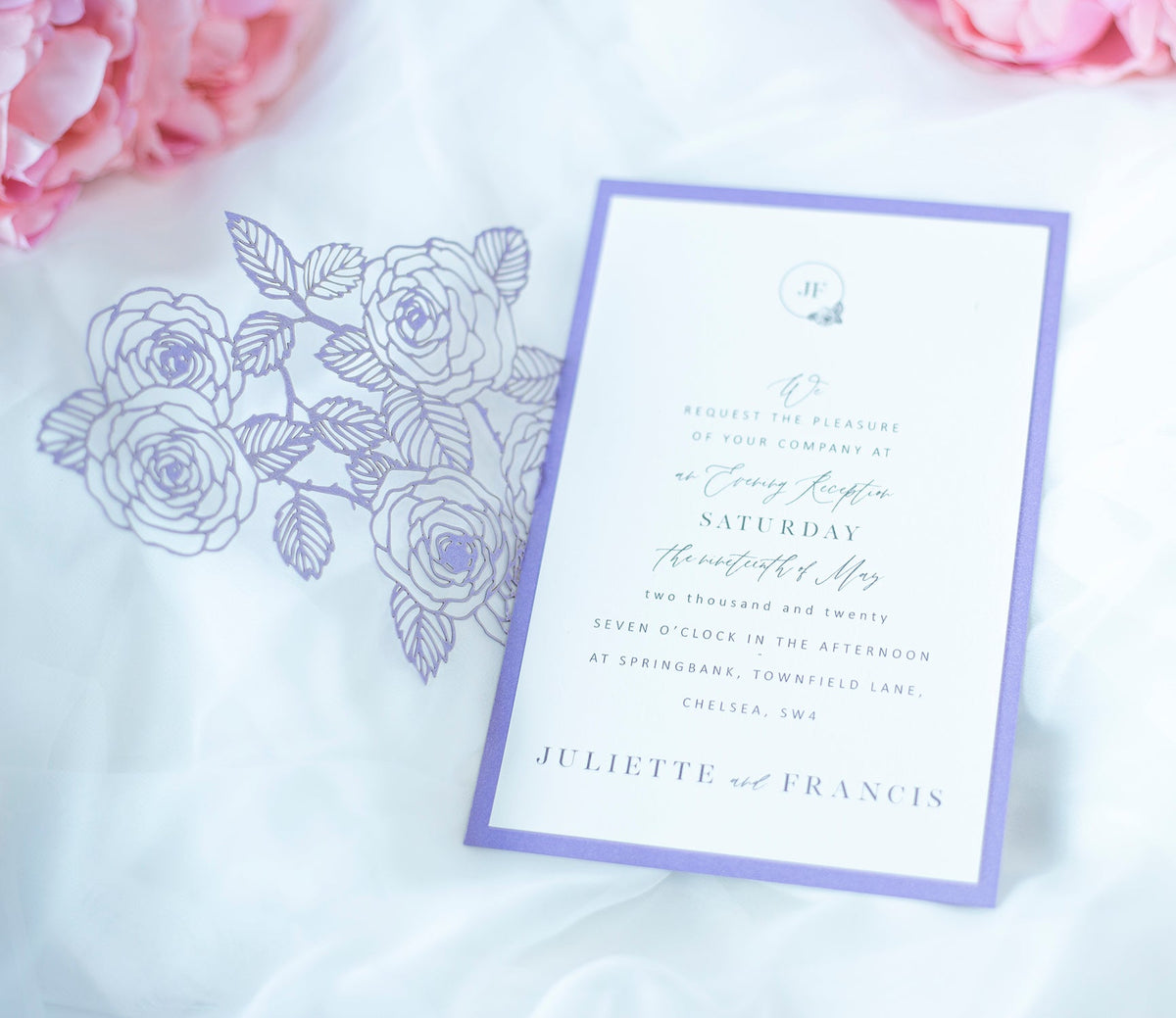 Elegant Personalised Lilac Laser Cut Wedding Invitation with Roses  - Envelope and Invitation Monogram - Full printout