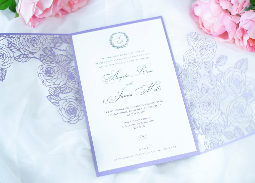 Elegant Personalised Lilac Laser Cut Wedding Invitation with Roses  - Envelope and Invitation Monogram - Full printout
