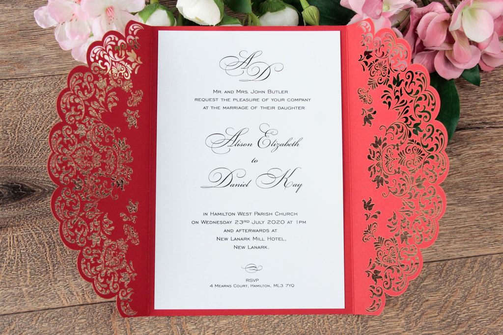 Red Cover Laser Cut Wedding Invitation with Heart DIY Paper Streamer LOVE