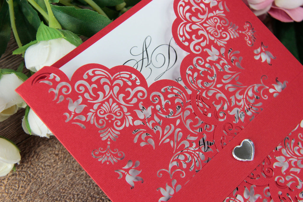 Red Cover Laser Cut Wedding Invitation with Heart DIY Paper Streamer LOVE