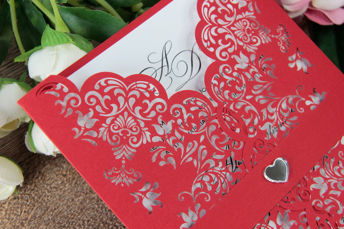Red Cover Laser Cut Wedding Invitation with Heart DIY Paper Streamer LOVE