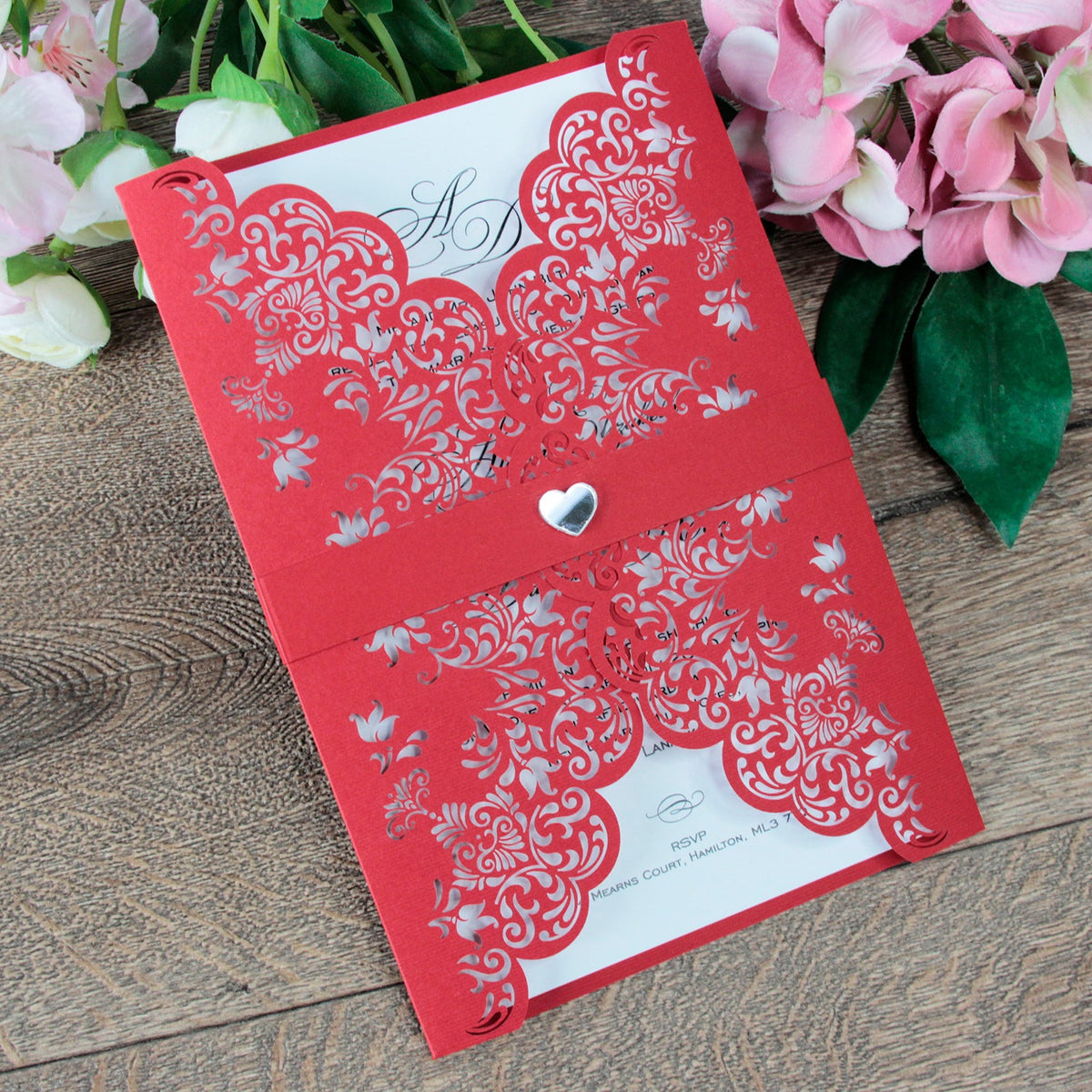 Red Cover Laser Cut Wedding Invitation with Heart DIY Paper Streamer LOVE